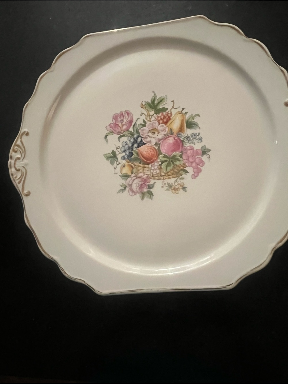 Vintage BakeRite Classic Floral Fruit Basket Platter Plate - Cream
